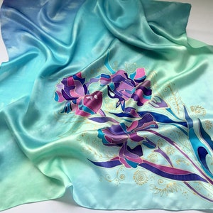 Hand Painted Satin Silk  Scarf Tiffany&#39;s Irises, Iris Batik Silk Scarf, Floral Silk Scarf, Birthday Gift for Mom, Wedding Silk Scarf.
