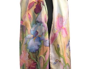 Handpainted silk scarf, irises long scarf, garden flowers silk scarf, natural motif silk scarf, gift for woman.