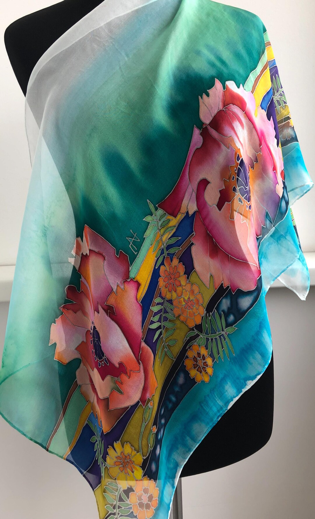 Foulard Carré Peint à La Main 84x84 Cm - Dernières Feuilles - Multicolore - Vintage - Fabriqué En France