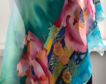 Hand Painted Chiffon Silk Scarf Poppies Unique Gift for Her Mother's Day Gift.