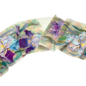 Hand Painted Natural Silk Scarf Irises Gift Ideas for Women.