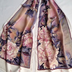 Silk scarf petals of peonies, natural silk satin, silk painting,beige,lilac, anniversary.