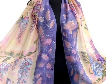 Lenço de seda com glicínias e pássaros/ Lenço de seda pintado à mão/ Lenço de seda com flores/ Rosa, azul, lilás, ocre.