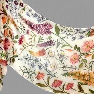 Hand Painted Batik Shawl Botanica Natural Chiffon 74′ * 26′ Wedding Silk Scarf Flower Scarf Mothers Day Gift.