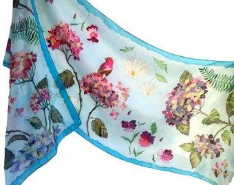 Hand Painted Natural Silk Scarf Hydrangea, Daisies, Violets, Blue Floral Silk Scarf, Hand Hemmed Scarf, Gift Idea for Woman.