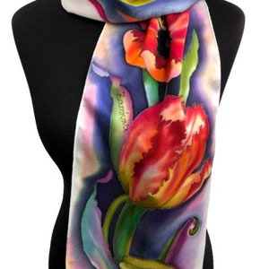 Silk Satin Scarf Batik Tulips, Hand-Painted Silk,  Gift for Her and Mom, Designer Scarf, Birthday Gift.