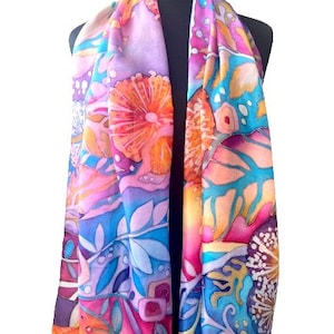 Silk Scarf Leaves Natural Motiv Silk Scarf Hand Painted Silk Scarf Gift for Her Perfect Birthday Gift.