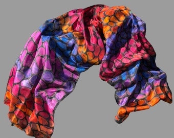 Hand-painted abstract silk scarf/ natural silk pongee/ hand rolled stiched/ gift for her/ ready to ship.