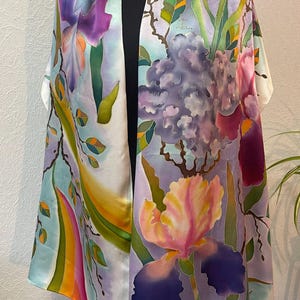 Iris Batik Silk Satin Scarf, Hand Painted Silk, Gift Ideas for Women, Birthday Gift.