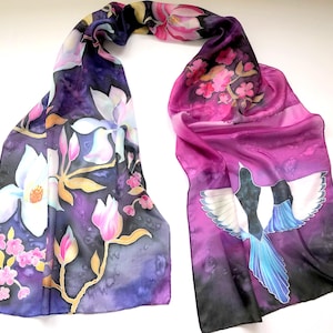 Hand Painted Silk Scarf &#39;Magnolias and Magpies&#39;, Natural Motiv Silk Scarf, Luxury Silk Scarf, Gift Women.
