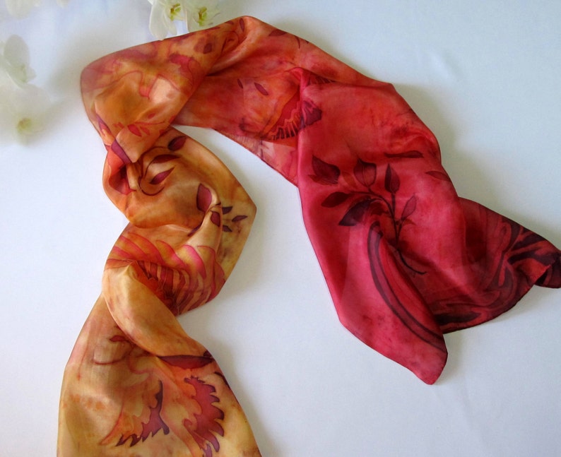 Scarf Flying Birds. Silk Scarf Handpainted. Red and oсhre | Etsy