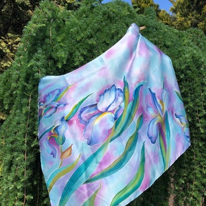 Hand Painted Square Silk Scarf Watercolor Irises, Satin Silk, Flowers Silk Scarf for Her, Batik Handmade Gift.