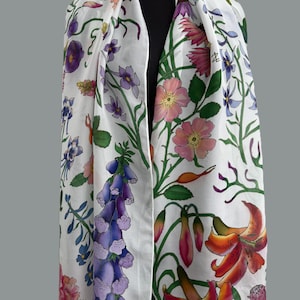 Hand painted Botany silk chiffon scarf, garden flowers scarf, silk summer shawl, scarves for her, silk scarf with flowers.