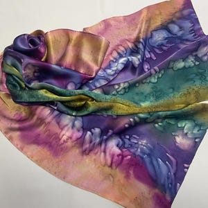 Hand Dyed Hand Painted Silk Satin Scarf Gift for Her Holiday Gift Birthday present.