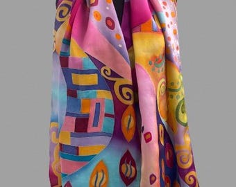 Handmålad sidenhalsduk Frey Wille / Abstrakt halsduk / Naturligt siden / Present till henne och mamma / Designerhalsduk / Födelsedagspresent.