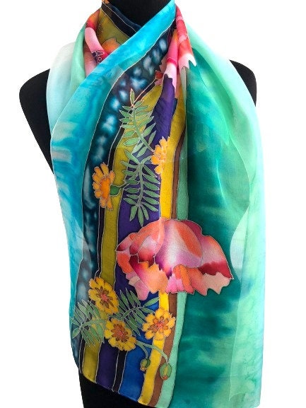 Foulard Carré En Mousseline De Soie - Motif Cerises Peint à La Main - Bleu - Vintage - Occasion Bon état