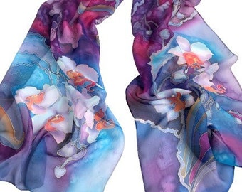 Orchid silk scarf, hand painted silk scarf, blue chiffon silk scarf, luxury women gift, evening accessory.