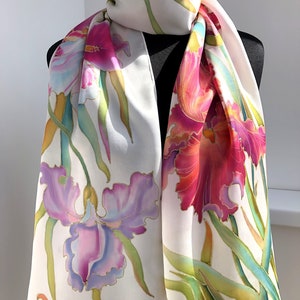 Hand Painted Silk Scarf Irises with Ornament, Garden Flowers Silk Scarf, Luxurious Silk Satin, 70&quot;/17&quot;.