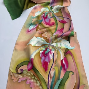 Hand Painted Silk Scarf Orchids on a Green Gift for Anniversary Birthday Gift.