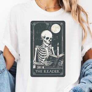 Comfort Colors® The Reader Tarot Card Shirt, Skeleton Reading Shirt, Unisex Tarot Card Shirt, Book Lover Gift, Book and Tarot Lover Gift