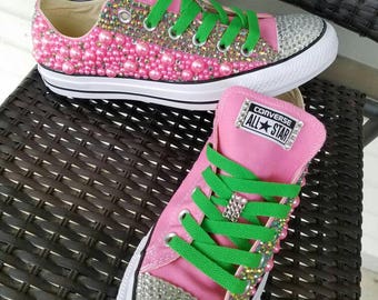 sneakers with pearls and rhinestones