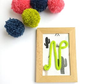 DESTOCKAGE - 30% placa de la puerta del marco, letra N, tela de cactus, dormitorio del niño de la decoración, niño de regalo, regalo del bebé, nacimiento