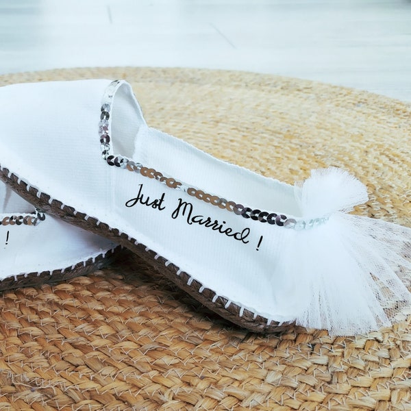 Espadrille de mariée,mariage boho,espadrille femme,mariage boheme,sandale de mariee,espadrille message,just married,chaussure confortable