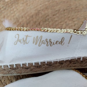 Personal wedding shoe,woman espadrille,marriage gold,wedding sandal,espadrille message,just married,sequin dore,white shoe image 4