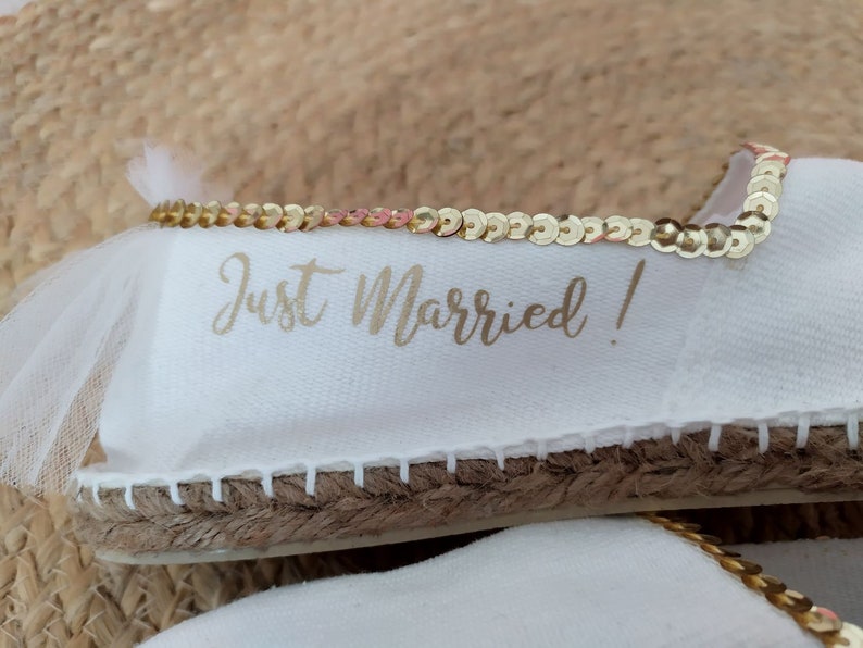 Personal wedding shoe,woman espadrille,marriage gold,wedding sandal,espadrille message,just married,sequin dore,white shoe image 4