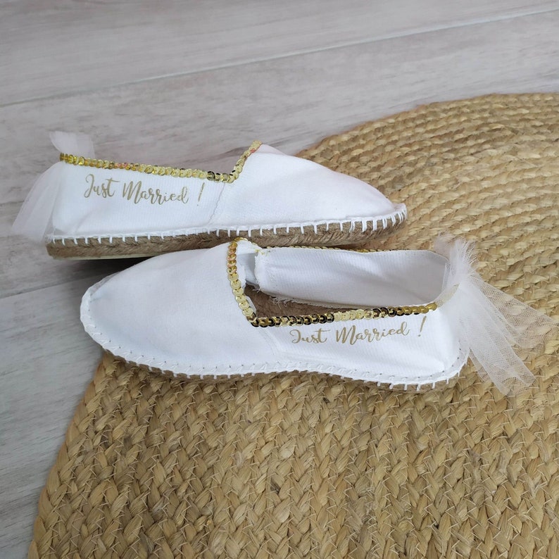 Personal wedding shoe,woman espadrille,marriage gold,wedding sandal,espadrille message,just married,sequin dore,white shoe image 3