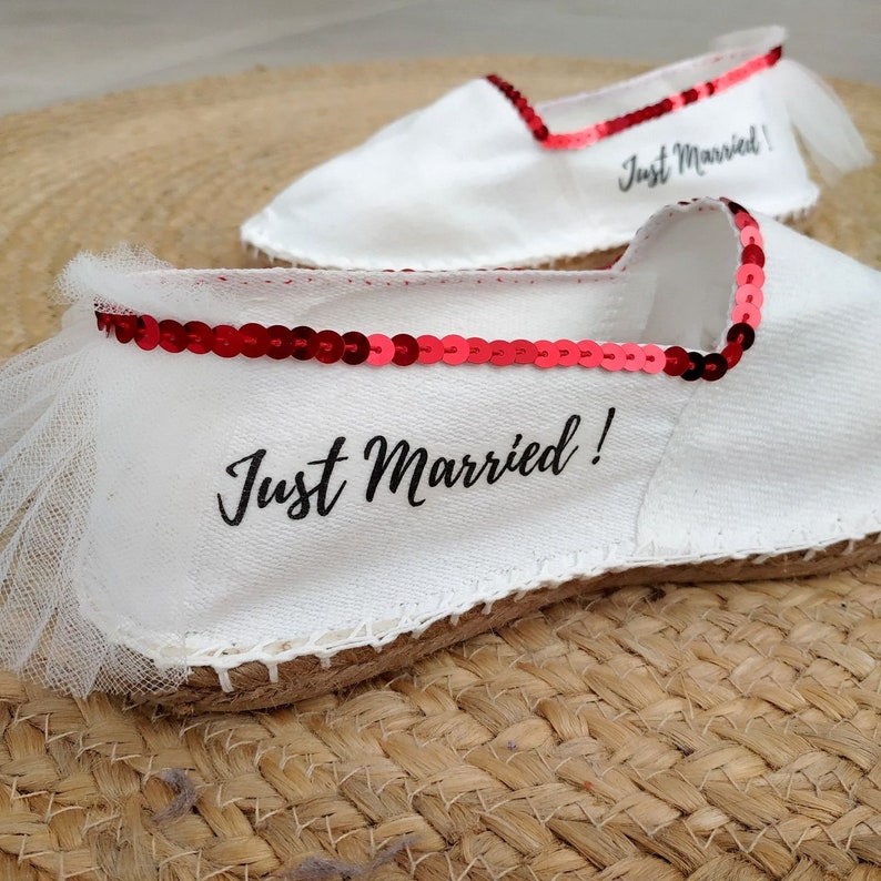 Personal wedding shoe,woman espadrille,marriage gold,wedding sandal,espadrille message,just married,sequin dore,white shoe image 7