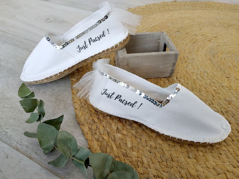 Personal wedding shoe,woman espadrille,marriage gold,wedding sandal,espadrille message,just married,sequin dore,white shoe image 6