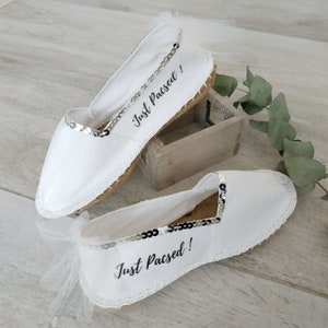 Personal wedding shoe,woman espadrille,marriage gold,wedding sandal,espadrille message,just married,sequin dore,white shoe image 5