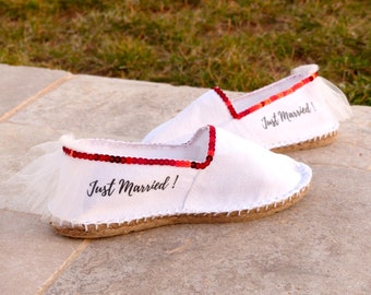 Espadrille de mariée,chaussure mariage,espadrille femme,mariage rouge,sandale mariage,espadrille message,just married,sequin rouge,basque