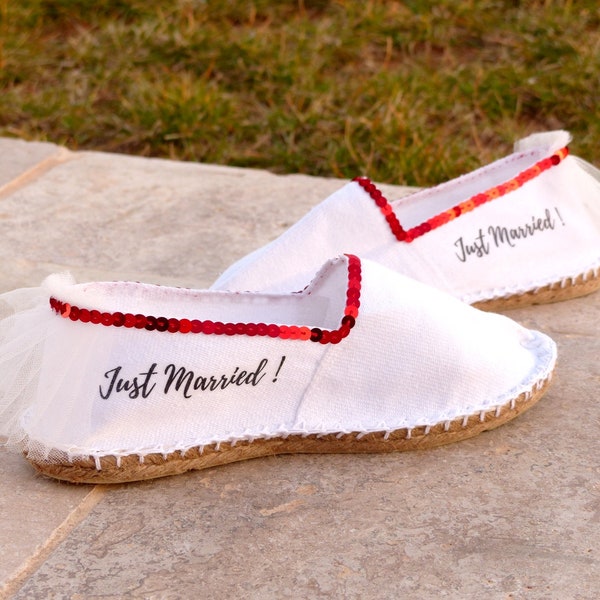 Espadrille de mariée,chaussure mariage,espadrille femme,mariage rouge,sandale mariage,espadrille message,just married,sequin rouge,basque