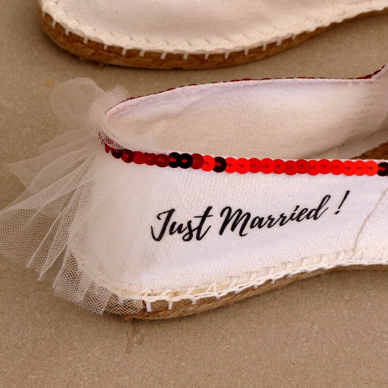 Personal wedding shoe,woman espadrille,marriage gold,wedding sandal,espadrille message,just married,sequin dore,white shoe image 9