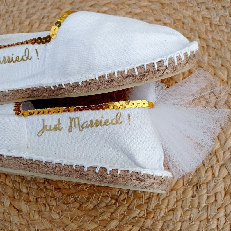 Personal wedding shoe,woman espadrille,marriage gold,wedding sandal,espadrille message,just married,sequin dore,white shoe image 1