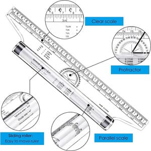 May include: A clear plastic multi-functional ruler featuring a sliding roller, a built-in protractor, and a parallel scale. The ruler displays mathematical formulas for spherical volume and area, with measurement markings in both inches and centimeters.