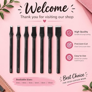 Könnte beinhalten: Ein Set aus sieben schwarzen Metall-Lochwerkzeugen für Leder, vertikal angeordnet. Der Text lautet Welcome, Thank you for visiting our shop, High Quality, Precision Cut, Easy to Use, Best Choice und Available Sizes: 3mm, 4mm, 5mm, 6mm, 8mm, 10mm.