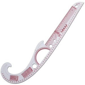 May include: A clear, curved sewing ruler with red grid markings and measurements in centimetres. The ruler features a variety of curves, angles, and a straight edge, ideal for pattern making and design. It has a hole at the top for hanging.