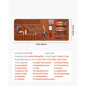 May include: A brown leather storage bag containing 92 leatherworking tools, including a carving knife, scissors, awls, stamping tools, and waxed threads. The bag measures 34.8 inches by 13.4 inches, with a total product weight of 5.29 lbs.