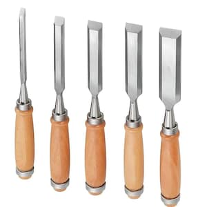 May include: A set of five wood chisels arranged in a row, each featuring a polished silver metal blade with a beveled edge and a smooth, light brown wooden handle. The tools have a cylindrical metal ferrule connecting the blade to the handle.