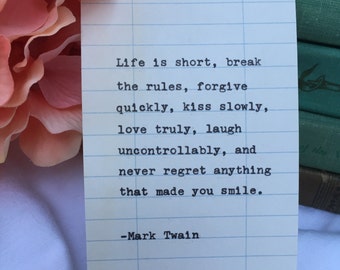 Mark Twain Hand Typed Quote on Library Card - life is short