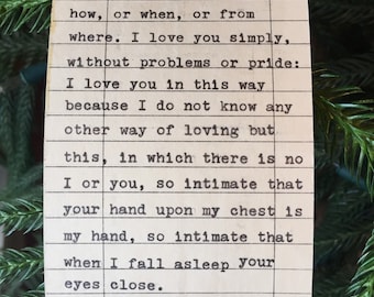 Pablo Neruda quote hand typed on library due date card - I love you without