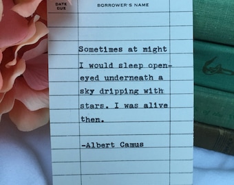 Albert Camus Quote- Hand Typed on Library Due Date Card - sometimes at night