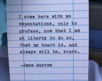 Jane Austen citaat met de hand getypt op de kaart met de vervaldatum van de bibliotheek - ik kom hier