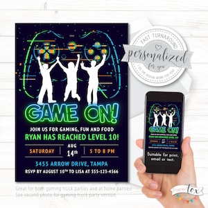 Video Game Birthday Invitation, For Gaming Truck Party or at Home Gaming Party // Print, text or email
