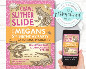 Reptile Birthday Invitation, Reptile Invitation for Girls, Reptile Party, For print, email or text