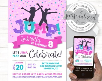Trampoline Party Birthday Invitation, Jump Party, Bounce Party, Digital invitation for print, email or text (JPG)