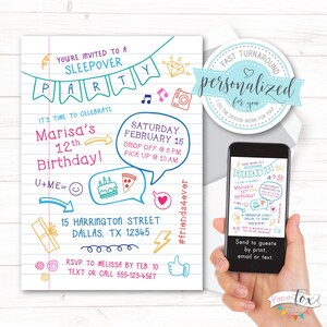 Sleepover Party Birthday Invitation, Slumber Party, Tween or Teen Party Invitation, Doodle Notebook, Print, text, email